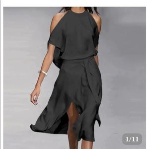 NWT Cold Shoulder Round Neck Front Slit Midi Dress